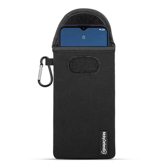 Hoesje voor Nokia 1.4, MobyDefend Neopreen Pouch Met Karabijnhaak, Insteekhoesje, Riemlus Hoesje, Zwart