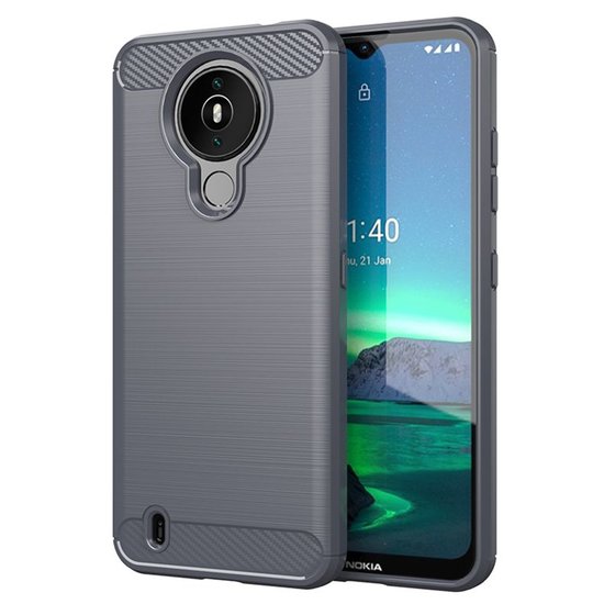 Nokia 1.4 Hoesje - MobyDefend TPU Backcover - Geborstelde Metaal &amp; Carbon-Look - Grijs