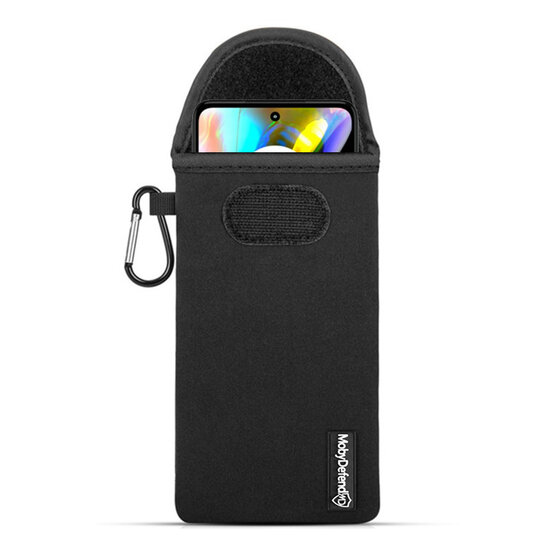 Hoesje voor Motorola Moto G82 - MobyDefend Neopreen Pouch Met Karabijnhaak - Insteekhoesje - Riemlus Hoesje - Zwart