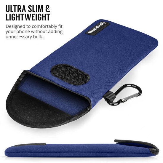 Hoesje voor Motorola Moto G82 - MobyDefend Neopreen Pouch Met Karabijnhaak - Insteekhoesje - Riemlus Hoesje - Blauw