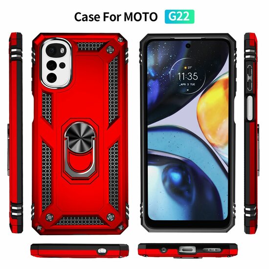 Motorola Moto G22 Hoesje, MobyDefend Pantsercase Met Draaibare Ring, Rood