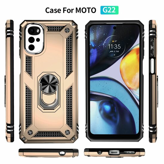 Motorola Moto G22 Hoesje, MobyDefend Pantsercase Met Draaibare Ring, Goud