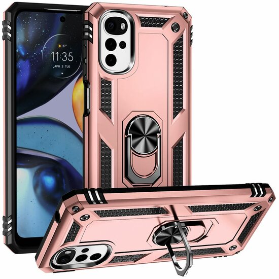 Motorola Moto G22 Hoesje, MobyDefend Pantsercase Met Draaibare Ring, Ros&eacute;