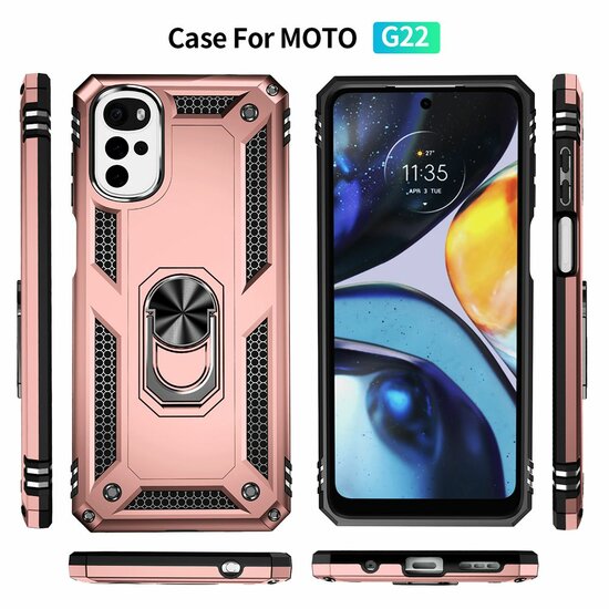 Motorola Moto G22 Hoesje, MobyDefend Pantsercase Met Draaibare Ring, Ros&eacute;