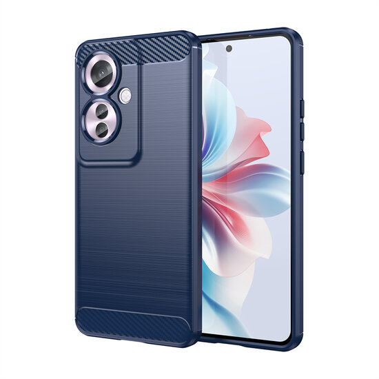 Oppo Reno 11F Hoesje - MobyDefend TPU Backcover - Geborstelde Metaal &amp; Carbon-Look - Blauw