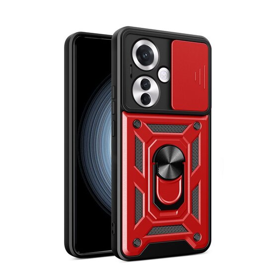 Oppo Reno 11F Hoesje, MobyDefend Pantsercase Met Draaibare Ring, Rood