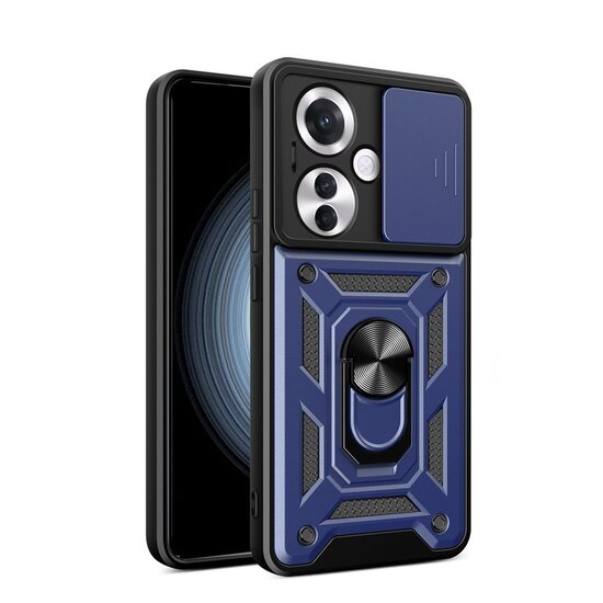 Oppo Reno 11F Hoesje, MobyDefend Pantsercase Met Draaibare Ring, Blauw