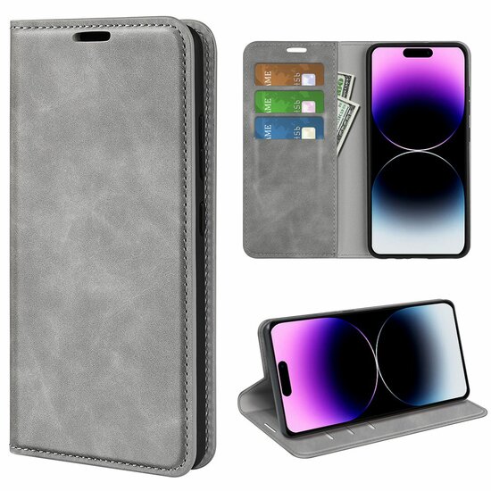 iPhone 15 Pro Max Hoesje - Luxe Wallet Bookcase (Magnetische Sluiting) - Grijs