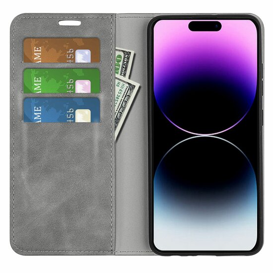 iPhone 15 Pro Max Hoesje - Luxe Wallet Bookcase (Magnetische Sluiting) - Grijs