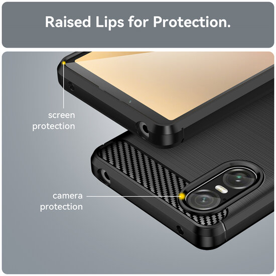 Sony Xperia 10 VI Hoesje - MobyDefend TPU Backcover - Geborstelde Metaal &amp; Carbon-Look - Zwart