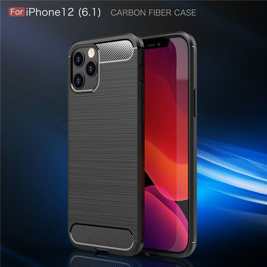 iPhone 12 / 12 Pro Hoesje - MobyDefend TPU Backcover - Geborstelde Metaal &amp; Carbon-Look - Blauw