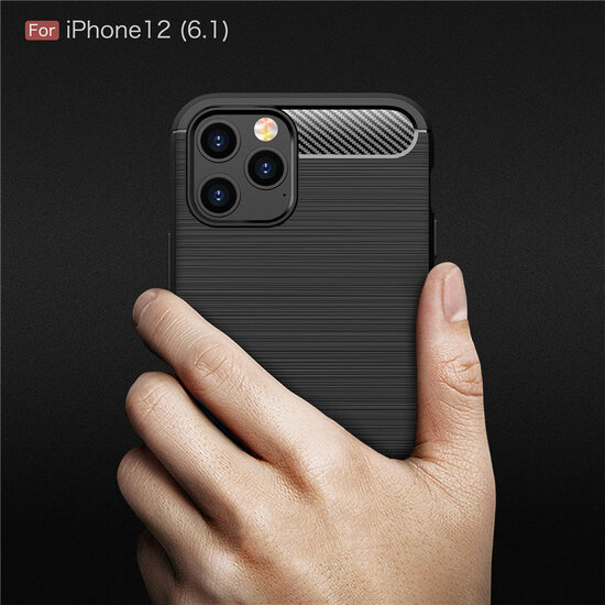 iPhone 12 / 12 Pro Hoesje - MobyDefend TPU Backcover - Geborstelde Metaal &amp; Carbon-Look - Blauw