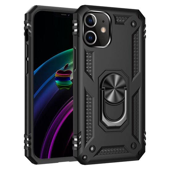 iPhone 12 / 12 Pro Hoesje - MobyDefend Pantsercase Met Draaibare Ring - Zwart