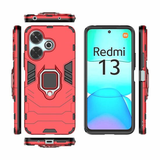 Xiaomi Redmi 13 4G Hoesje - MobyDefend Dubbelgelaagde Pantsercase Met Standaard - Rood