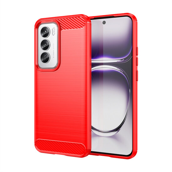 Oppo Reno12 Hoesje - MobyDefend TPU Backcover - Geborstelde Metaal &amp; Carbon-Look - Rood