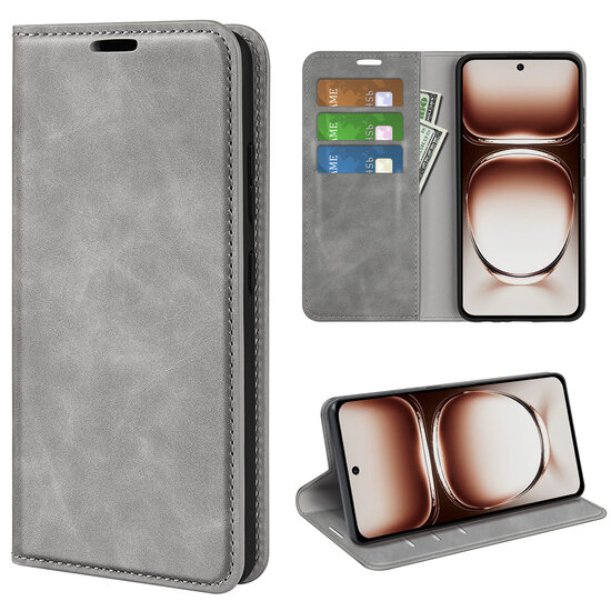 Oppo Reno12 Hoesje - Luxe Wallet Bookcase (Magnetische Sluiting) - Grijs