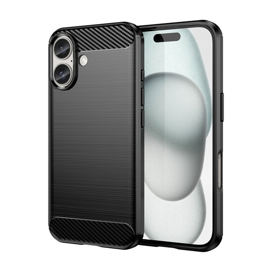 iPhone 16 Hoesje - MobyDefend TPU Backcover - Geborstelde Metaal &amp; Carbon-Look - Zwart