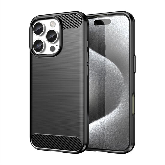 iPhone 16 Pro Hoesje - MobyDefend TPU Backcover - Geborstelde Metaal &amp; Carbon-Look - Zwart