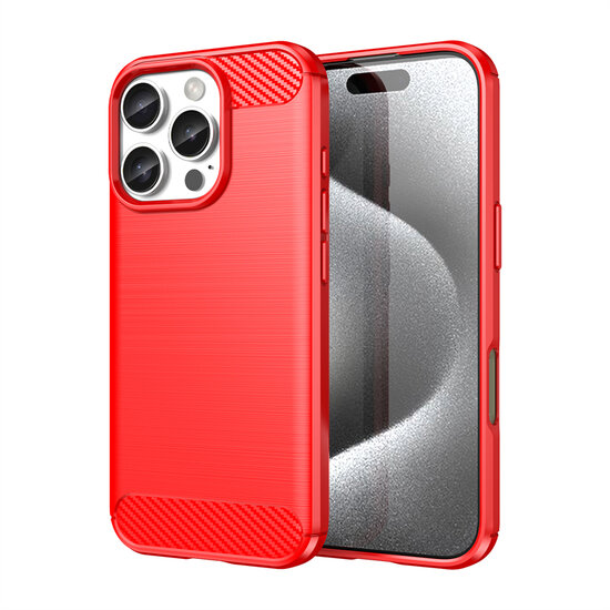 iPhone 16 Pro Hoesje - MobyDefend TPU Backcover - Geborstelde Metaal &amp; Carbon-Look - Rood