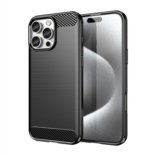 iPhone 16 Pro Max Hoesje - MobyDefend TPU Backcover - Geborstelde Metaal &amp; Carbon-Look - Zwart