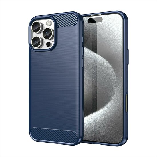 iPhone 16 Pro Max Hoesje - MobyDefend TPU Backcover - Geborstelde Metaal &amp; Carbon-Look - Blauw