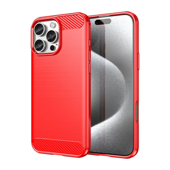 iPhone 16 Pro Max Hoesje - MobyDefend TPU Backcover - Geborstelde Metaal &amp; Carbon-Look - Rood