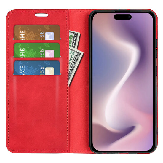 iPhone 16 Hoesje - Luxe Wallet Bookcase (Magnetische Sluiting) - Rood