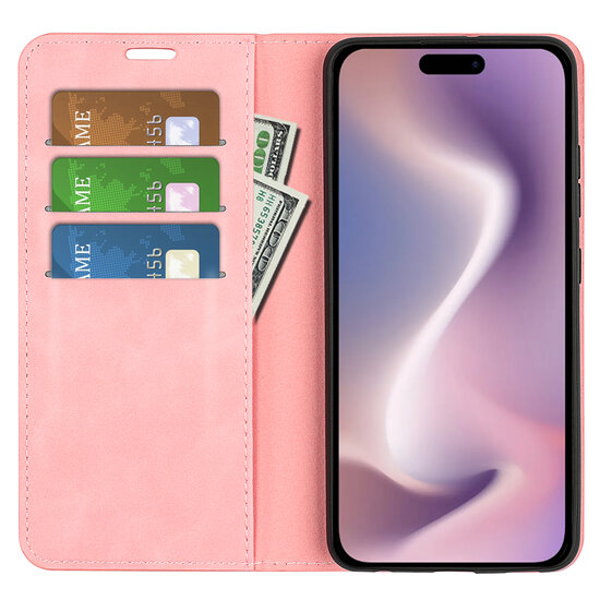 iPhone 16 Hoesje - Luxe Wallet Bookcase (Magnetische Sluiting) - Roze