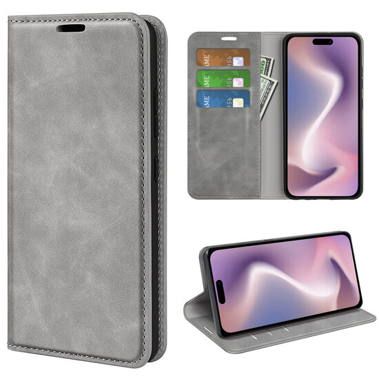 iPhone 16 Hoesje - Luxe Wallet Bookcase (Magnetische Sluiting) - Grijs