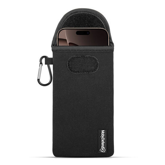 Hoesje voor iPhone 16 Pro Max - MobyDefend Neopreen Pouch Met Karabijnhaak - Insteekhoesje - Riemlus Hoesje - Zwart