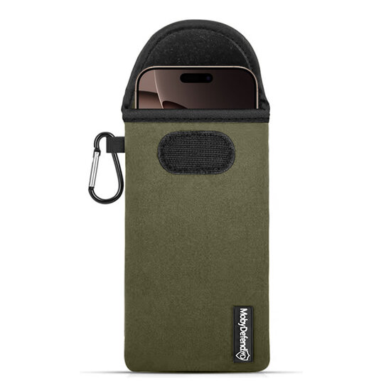 Hoesje voor iPhone 16 Pro Max - MobyDefend Neopreen Pouch Met Karabijnhaak - Insteekhoesje - Riemlus Hoesje - Groen