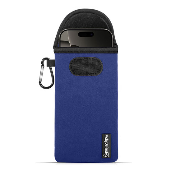 Hoesje voor iPhone 16 Pro - MobyDefend Neopreen Pouch Met Karabijnhaak - Insteekhoesje - Riemlus Hoesje - Blauw