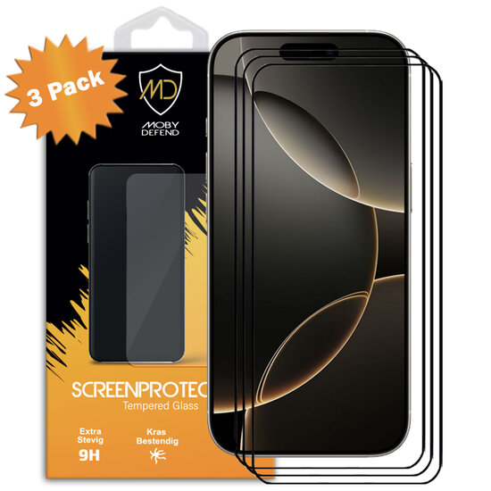 3-Pack iPhone 16 Pro Screenprotectors - MobyDefend Screensavers Met Zwarte Randen - Gehard Glas 