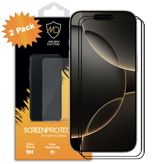 2-Pack iPhone 16 Pro Screenprotectors - MobyDefend Screensavers Met Zwarte Randen - Gehard Glas 