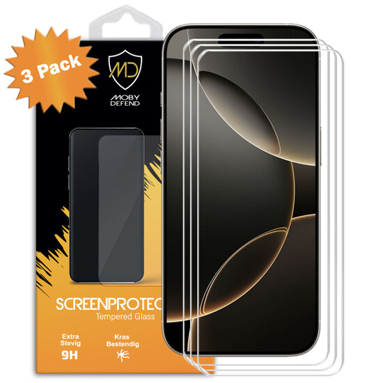 3-Pack iPhone 16 Pro Screenprotectors MobyDefend Case-Friendly Screensavers - Gehard Glas