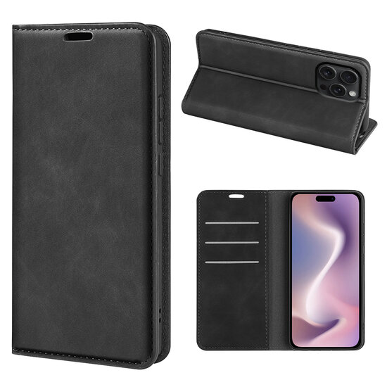 iPhone 16 Pro Hoesje - Luxe Wallet Bookcase (Magnetische Sluiting) - Zwart