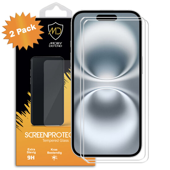 2-Pack iPhone 16 Screenprotectors - MobyDefend Case-Friendly Screensavers - Gehard Glas