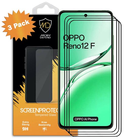 3-Pack Oppo Reno12 F Screenprotectors - MobyDefend Screensaver Met Zwarte Randen - Gehard Glas