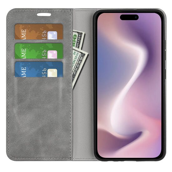 iPhone 16 Pro Max Hoesje - Luxe Wallet Bookcase (Magnetische Sluiting) - Grijs