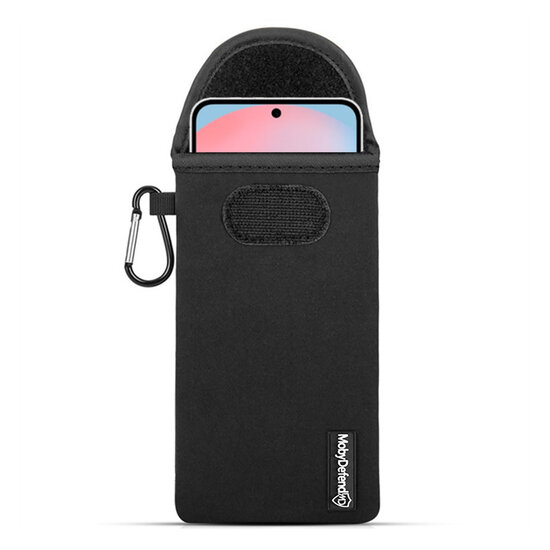 Hoesje voor Samsung Galaxy S24 FE - MobyDefend Neopreen Pouch Met Karabijnhaak - Insteekhoesje - Riemlus Hoesje - Zwart