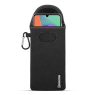 Hoesje voor Samsung Galaxy M22 / Galaxy A22 4G - MobyDefend Neopreen Pouch Met Karabijnhaak - Insteekhoesje - Riemlus Hoesje - Zwart