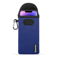 Hoesje voor iPhone 14 / iPhone 14 Pro - MobyDefend Neopreen Pouch Met Karabijnhaak - Insteekhoesje - Riemlus Hoesje - Blauw