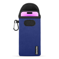 Hoesje voor iPhone 14 Plus / iPhone 14 Pro Max - MobyDefend Neopreen Pouch Met Karabijnhaak - Insteekhoesje - Riemlus Hoesje - Blauw