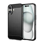 iPhone 16 Hoesje - MobyDefend TPU Backcover - Geborstelde Metaal &amp; Carbon-Look - Zwart