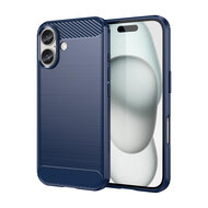 iPhone 16 Hoesje - MobyDefend TPU Backcover - Geborstelde Metaal &amp; Carbon-Look - Blauw