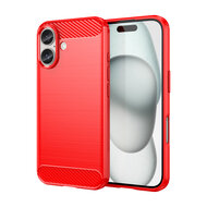 iPhone 16 Hoesje - MobyDefend TPU Backcover - Geborstelde Metaal &amp; Carbon-Look - Rood