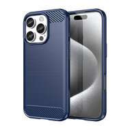 iPhone 16 Pro Hoesje - MobyDefend TPU Backcover - Geborstelde Metaal &amp; Carbon-Look - Blauw