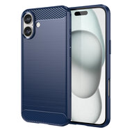 iPhone 16 Plus Hoesje - MobyDefend TPU Backcover - Geborstelde Metaal &amp; Carbon-Look - Blauw