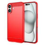 iPhone 16 Plus Hoesje - MobyDefend TPU Backcover - Geborstelde Metaal &amp; Carbon-Look - Rood