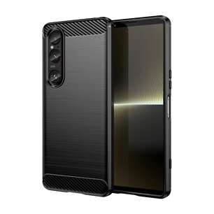 Sony Xperia 1 VI Hoesje - MobyDefend TPU Backcover - Geborstelde Metaal & Carbon-Look - Zwart